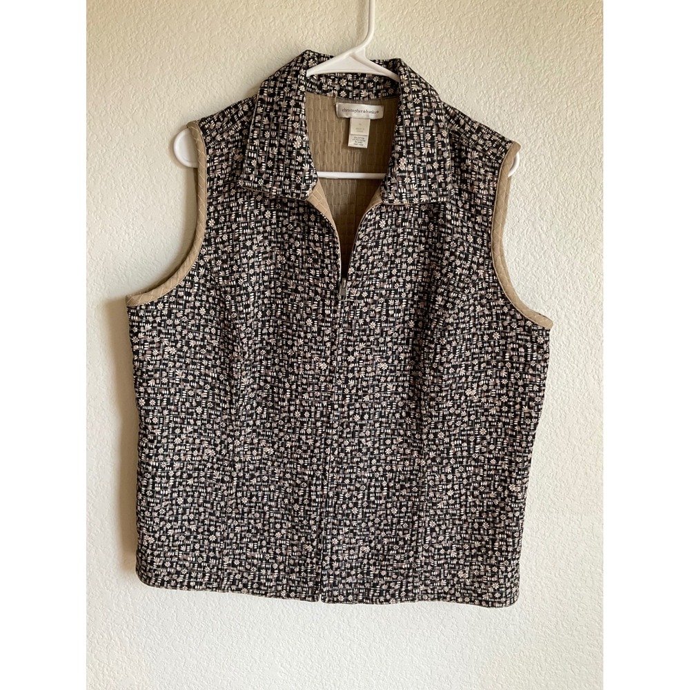 Christopher & Banks Womens XL Vest Black Tan Floral Geometric Quilted Zip Front‎